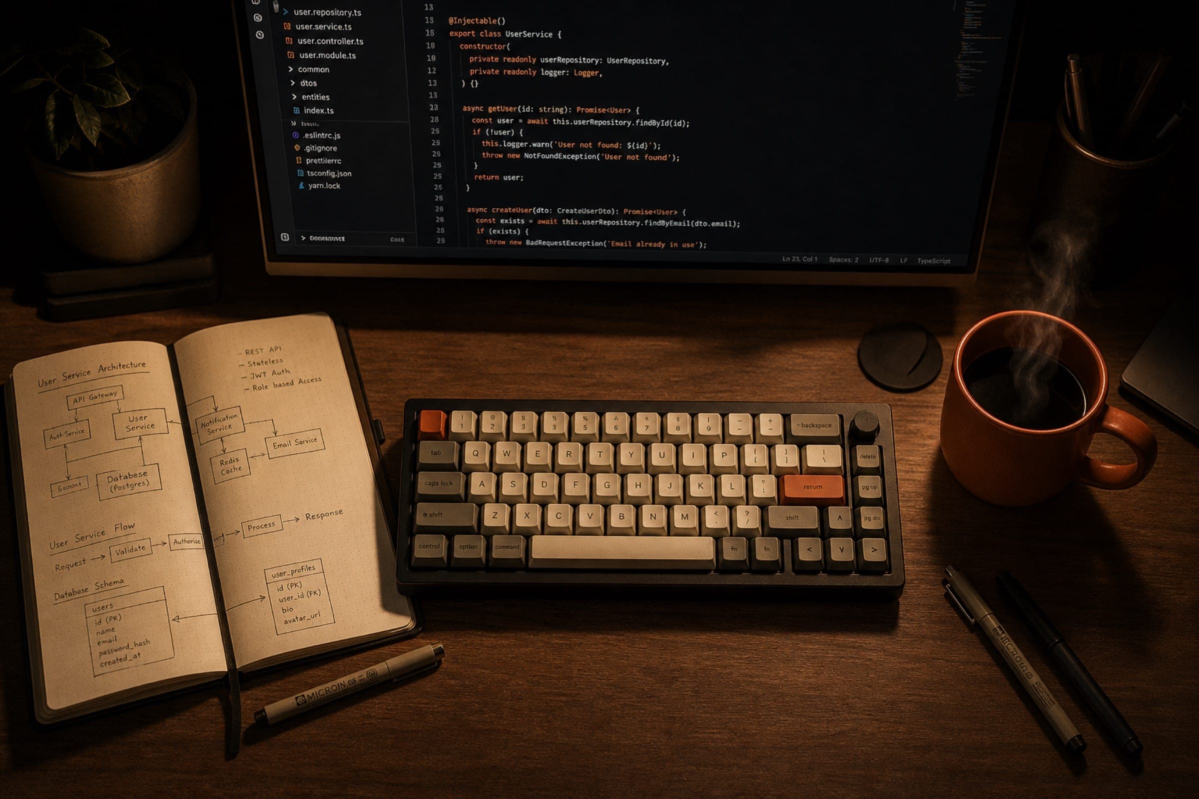 Desk at dusk: keyboard, notebook, terracotta mug, code editor