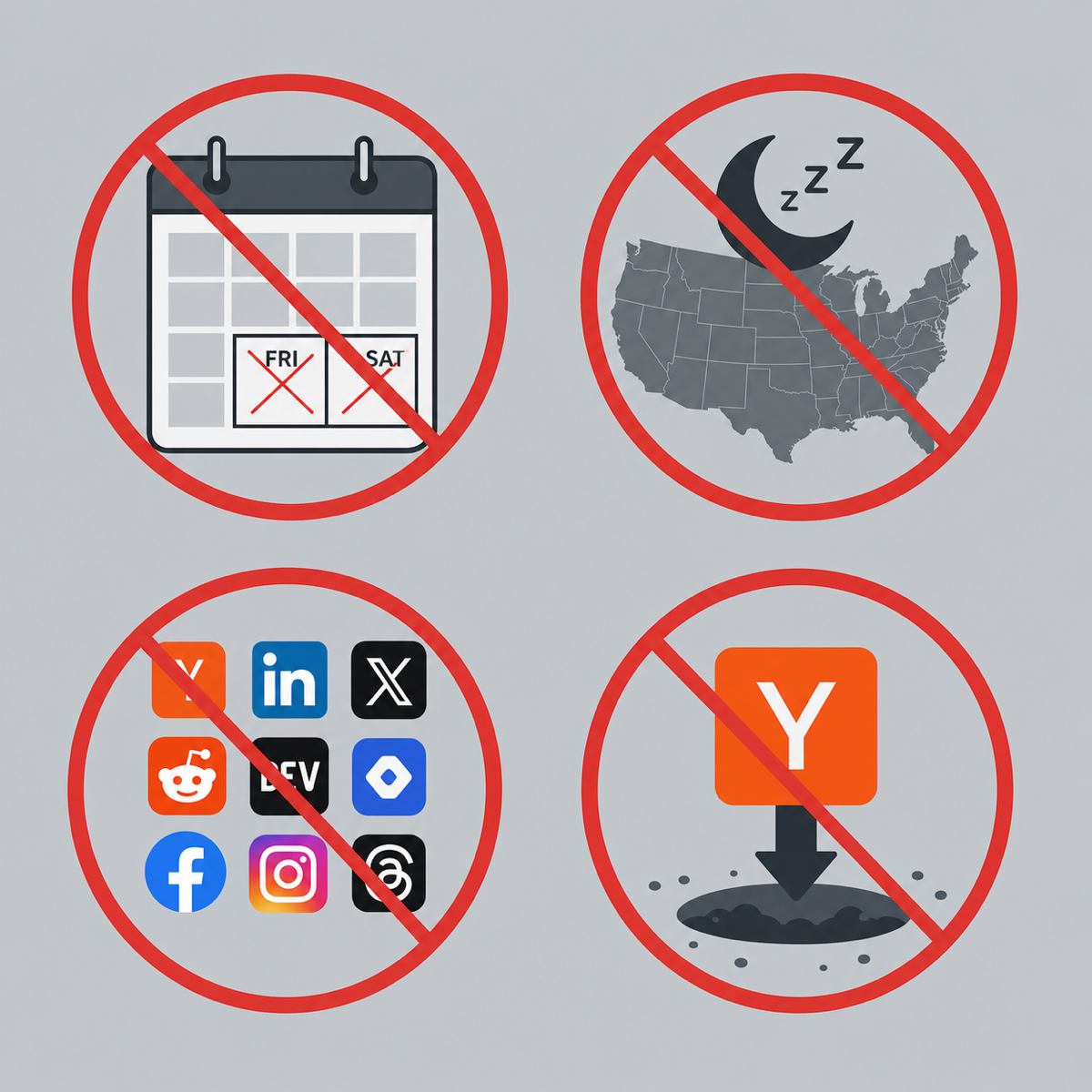 Four red-circled anti-pattern icons: weekend calendar crossed out, sleeping moon over US, 9 platforms firing at once with red X, HN logo sinking