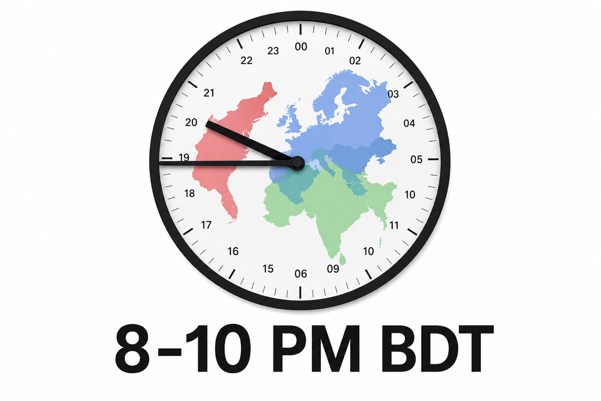 Analog clock at 8:45 PM with translucent silhouettes of US east coast, EU, and South Asia overlapping inside the face