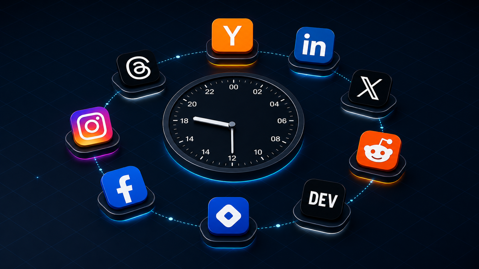 Isometric illustration of 9 floating platform icons arranged around a central clock showing 8:30 PM